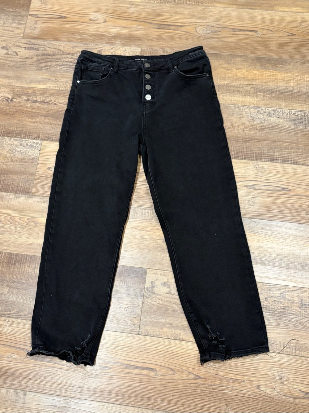 Risen Jeans Freya Mid Rise Button Fly Straight Fit Distressed Black Jeans 32W
